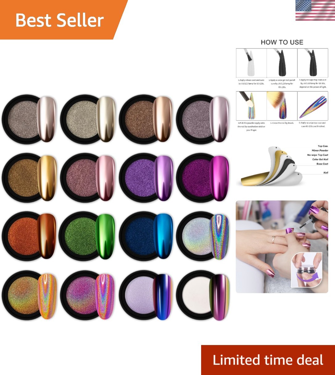 Professional Nail Art Chrome Powder – 16 Jars with Chameleon & Aurora Effects