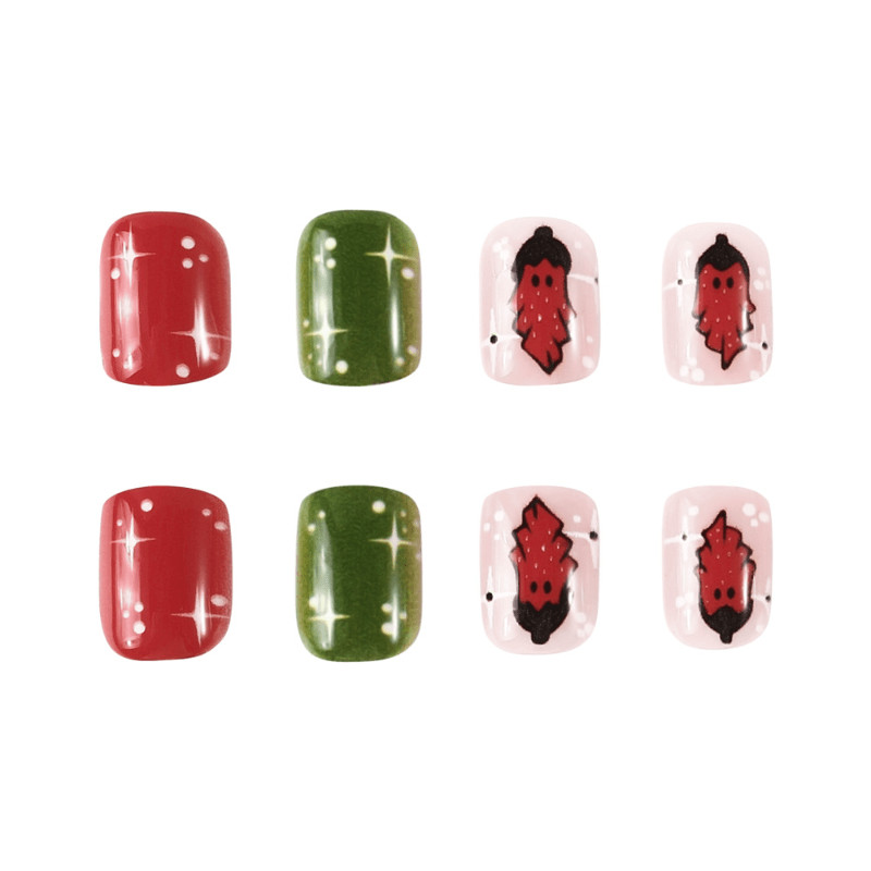 48Pcs-Short Round Red Green Strawberry Star Hand Painted Press on Nails