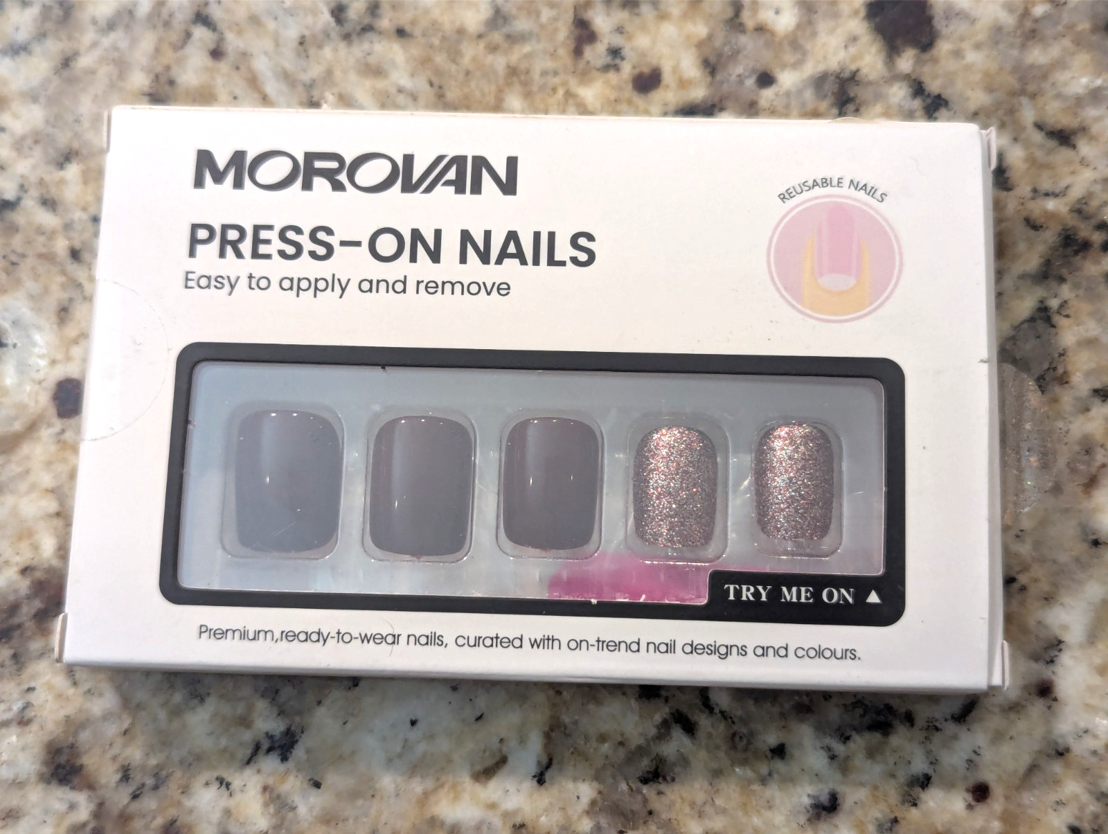 Morovan Press-on Nails Short Glitter Maroon 24pcs