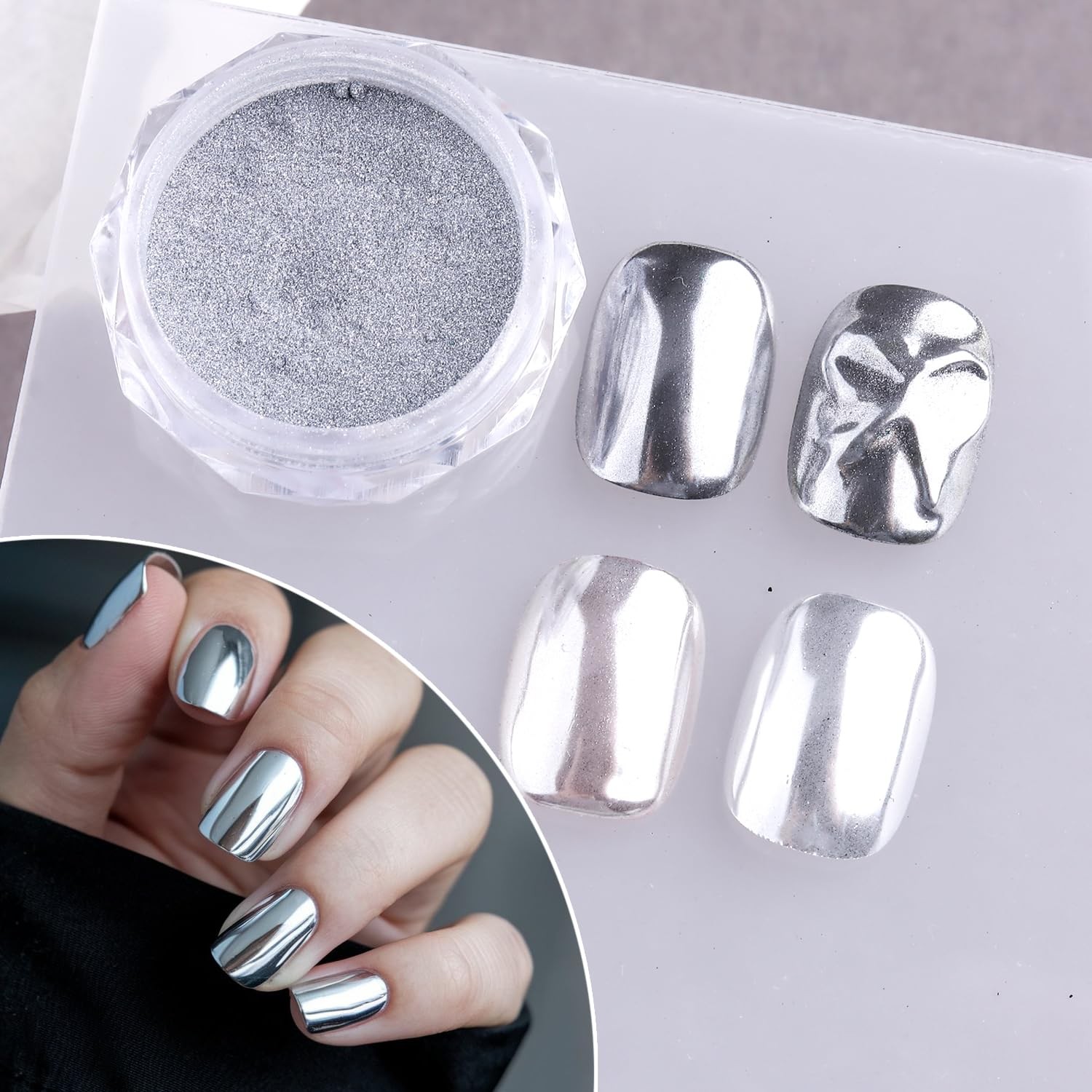 4 Colors Chrome Nail Set, Blue Silver Metallic Mirror Effect Nail Chrome Holo…