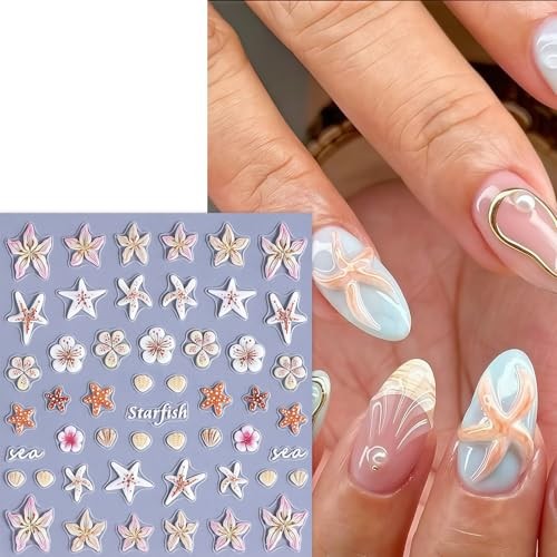 5D Embossed Ocean Life Nail Art Stickers Decals Self Adhesive Seashell starfish