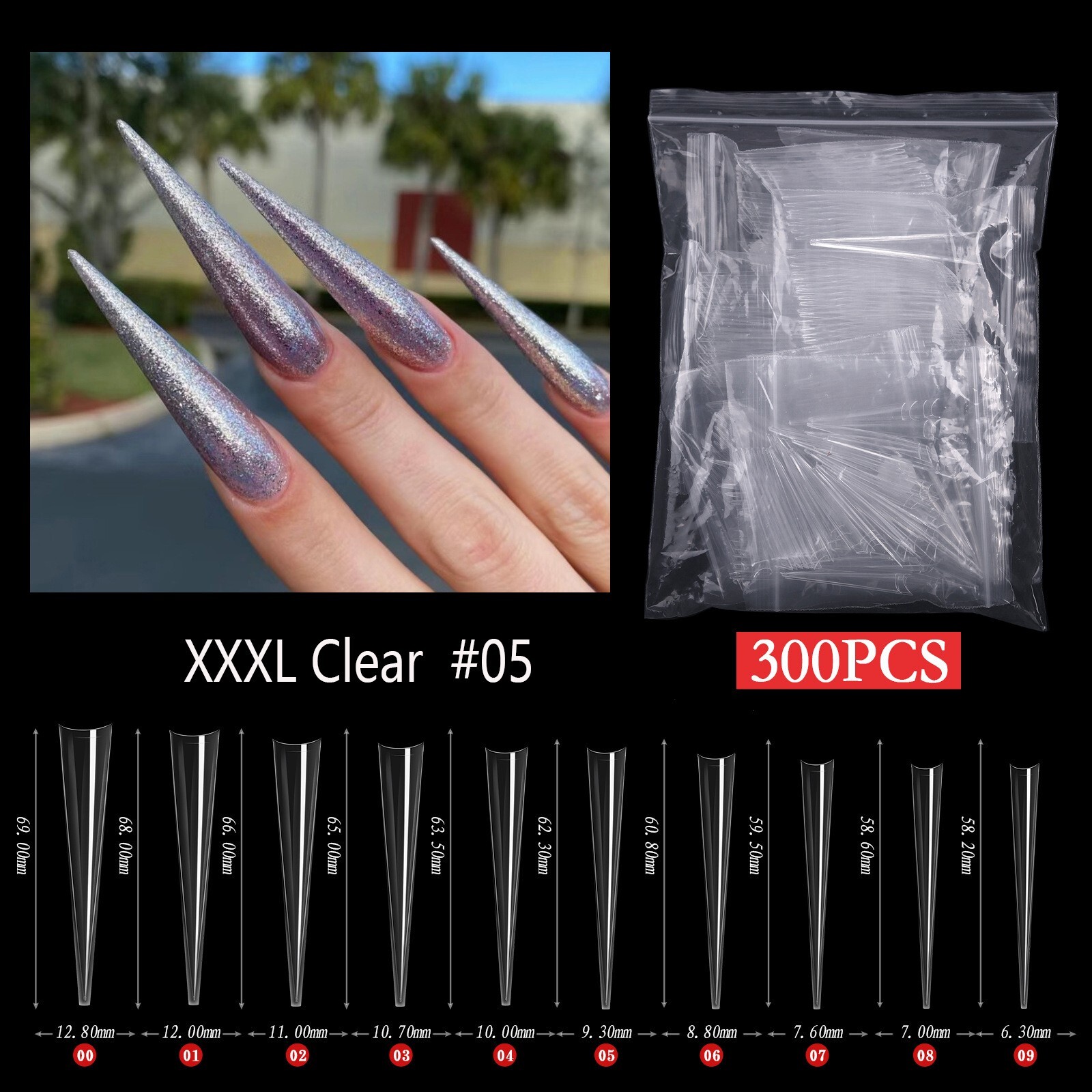 300Pcs Extra Long C Curve Stiletto Pointy False Nail Tips XXXL Clear Half Nails