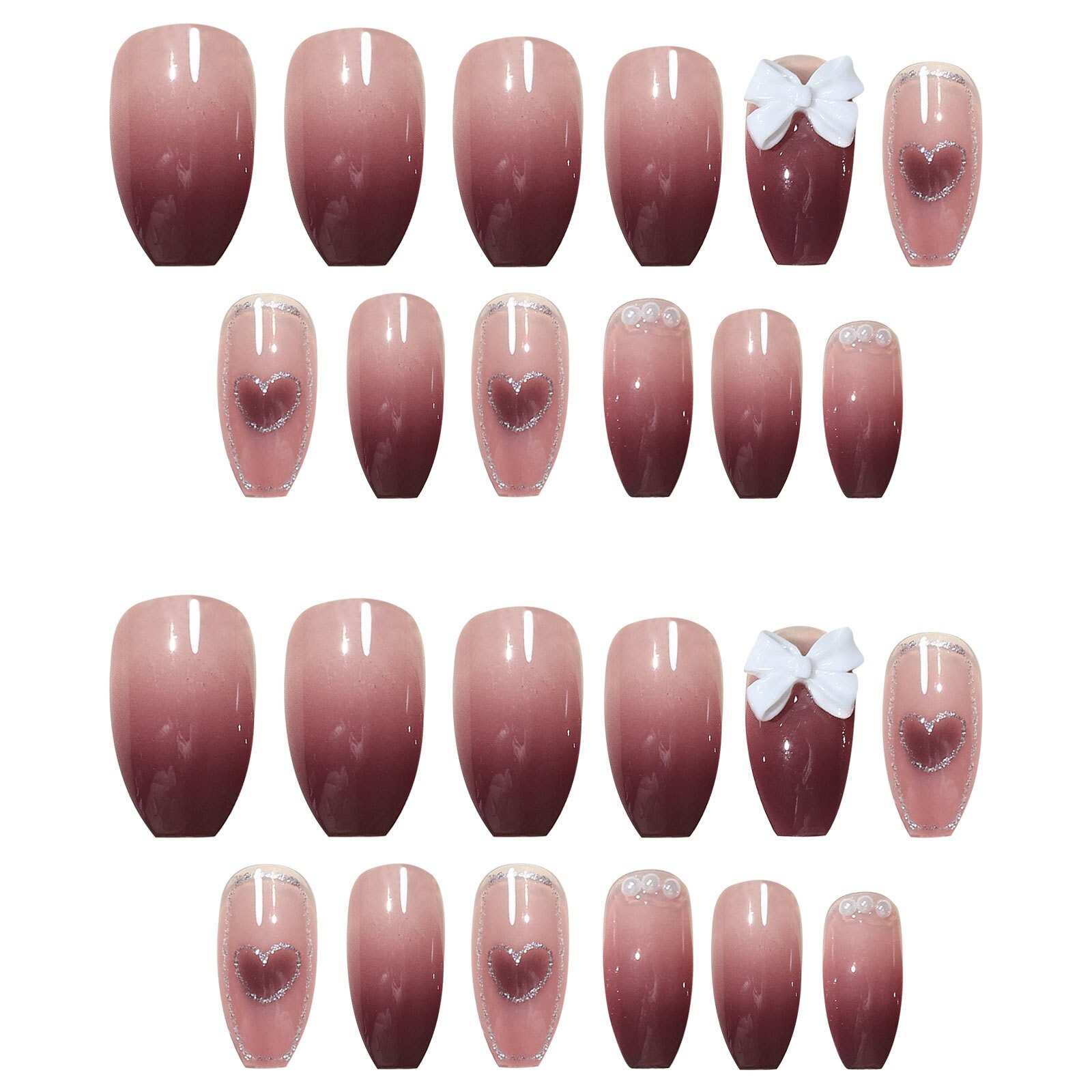 24Pcs Heart Bowknot False Nail Press on Nails for finger Nails Art Detachable