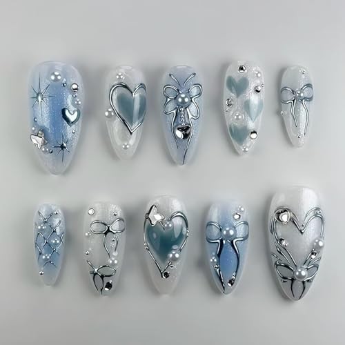 24Pcs Ombre Blue Press on Nails Medium Almond Fake Nails 3D Star Fake Nails-1