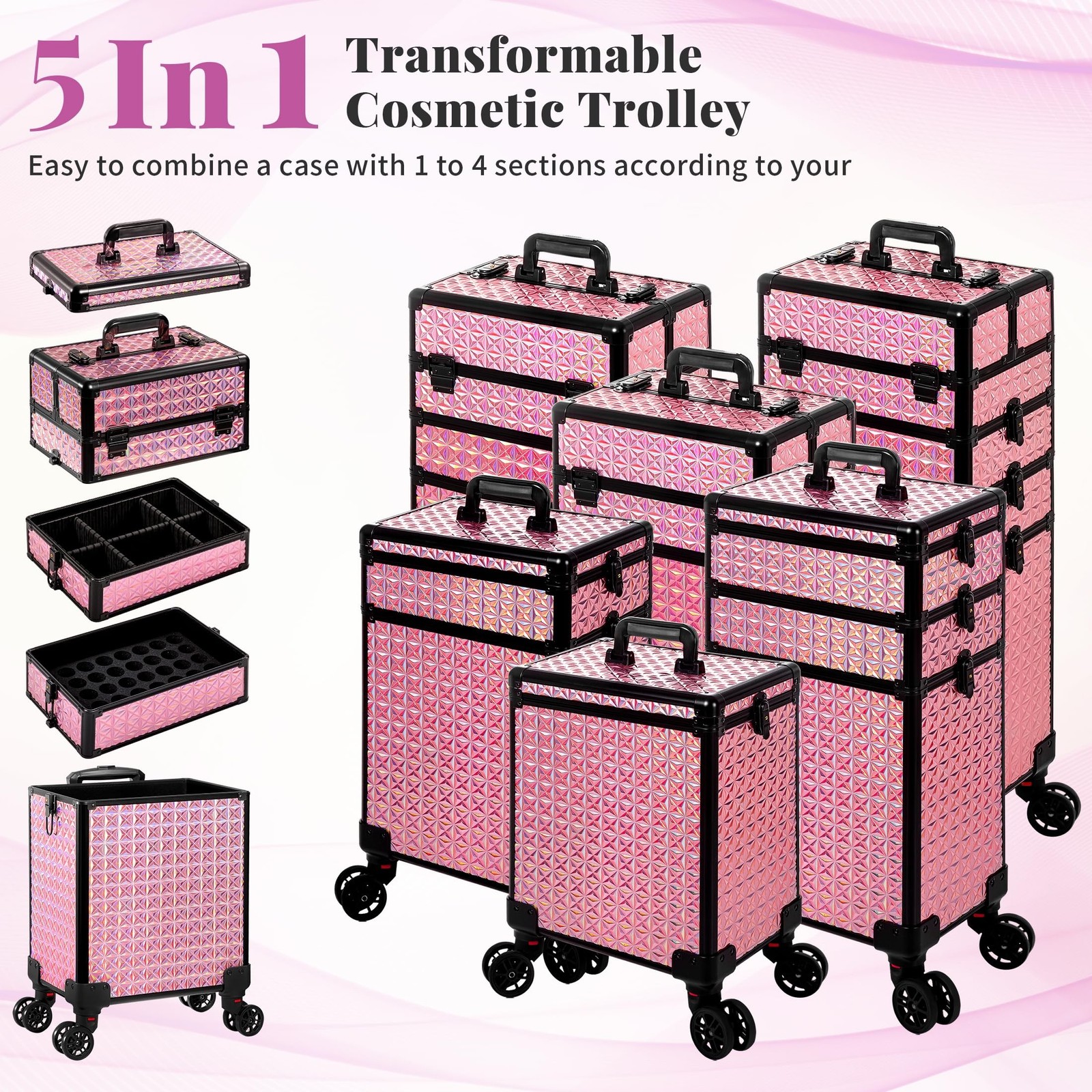 AROUS 5 in 1 Rolling Makeup Train Case Cosmetology Case on Wheels Large Cosme…