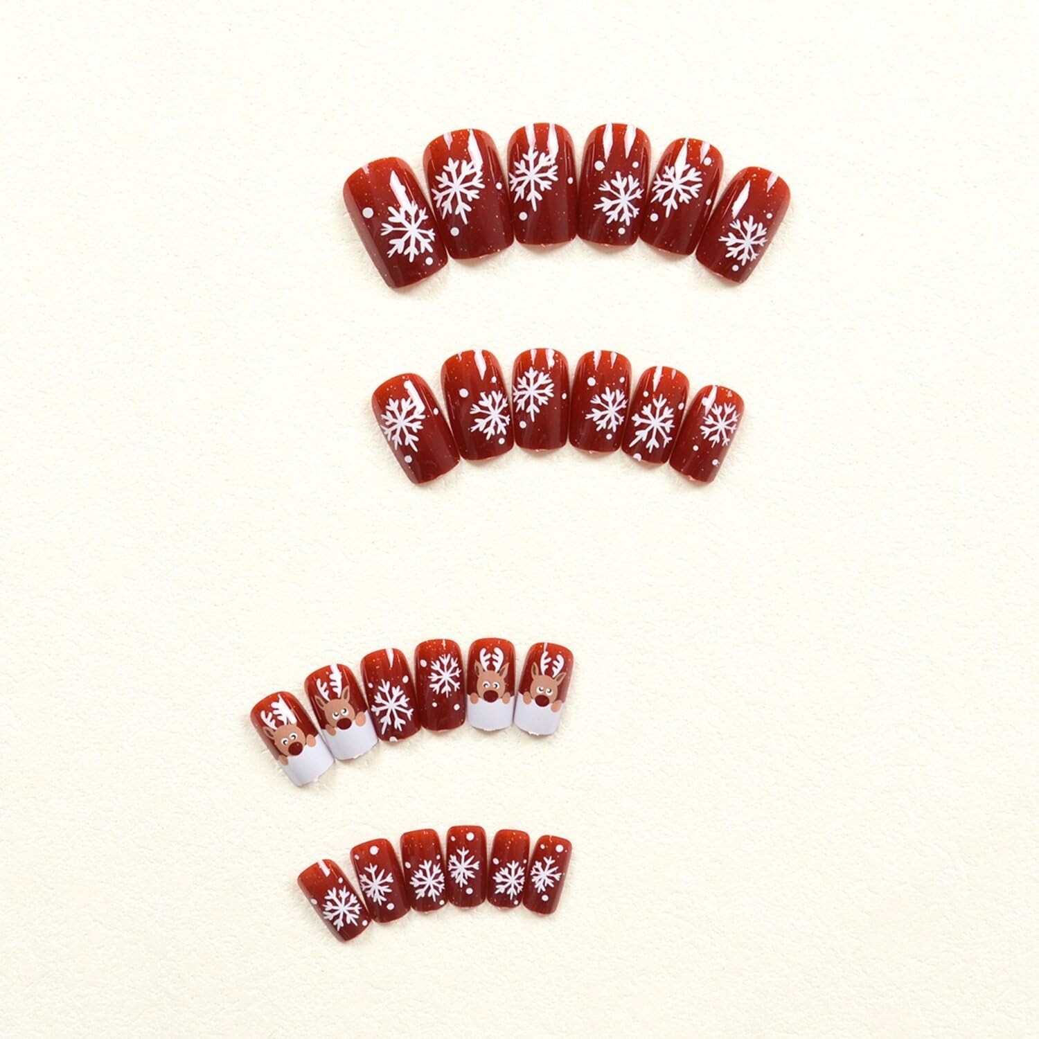 Christmas Press on Nails Short Square Red with White Snowflake Design Cute