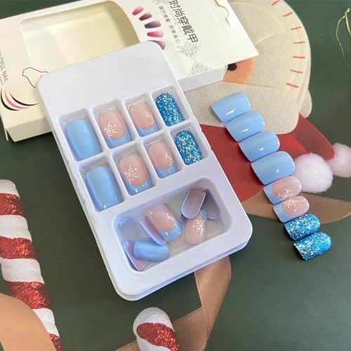 White Snowflake Fake Nails Winter Xmas Press on Nails Blue Christmas Design 467