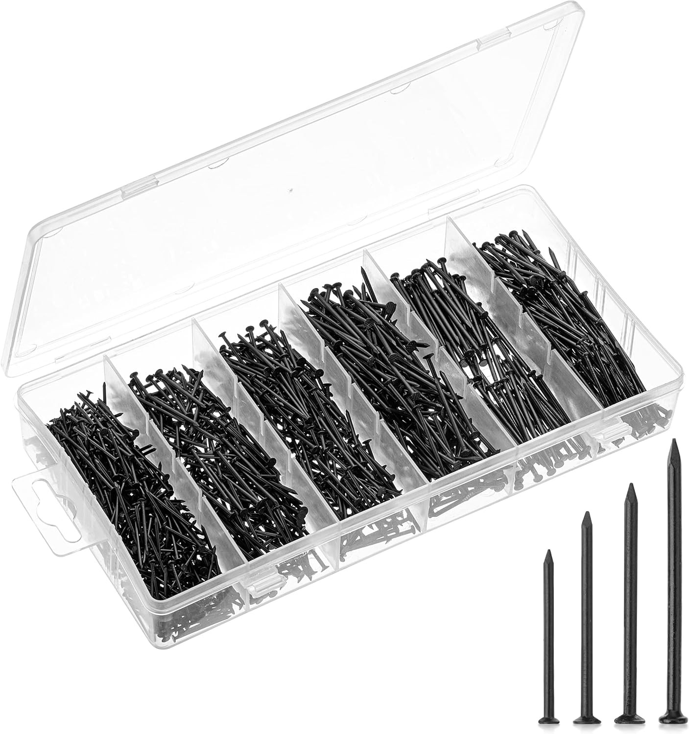 – Nail Assortment Kit, 1200 Pcs, 4 Sizes, Black, Small Nails for Hanging Picture