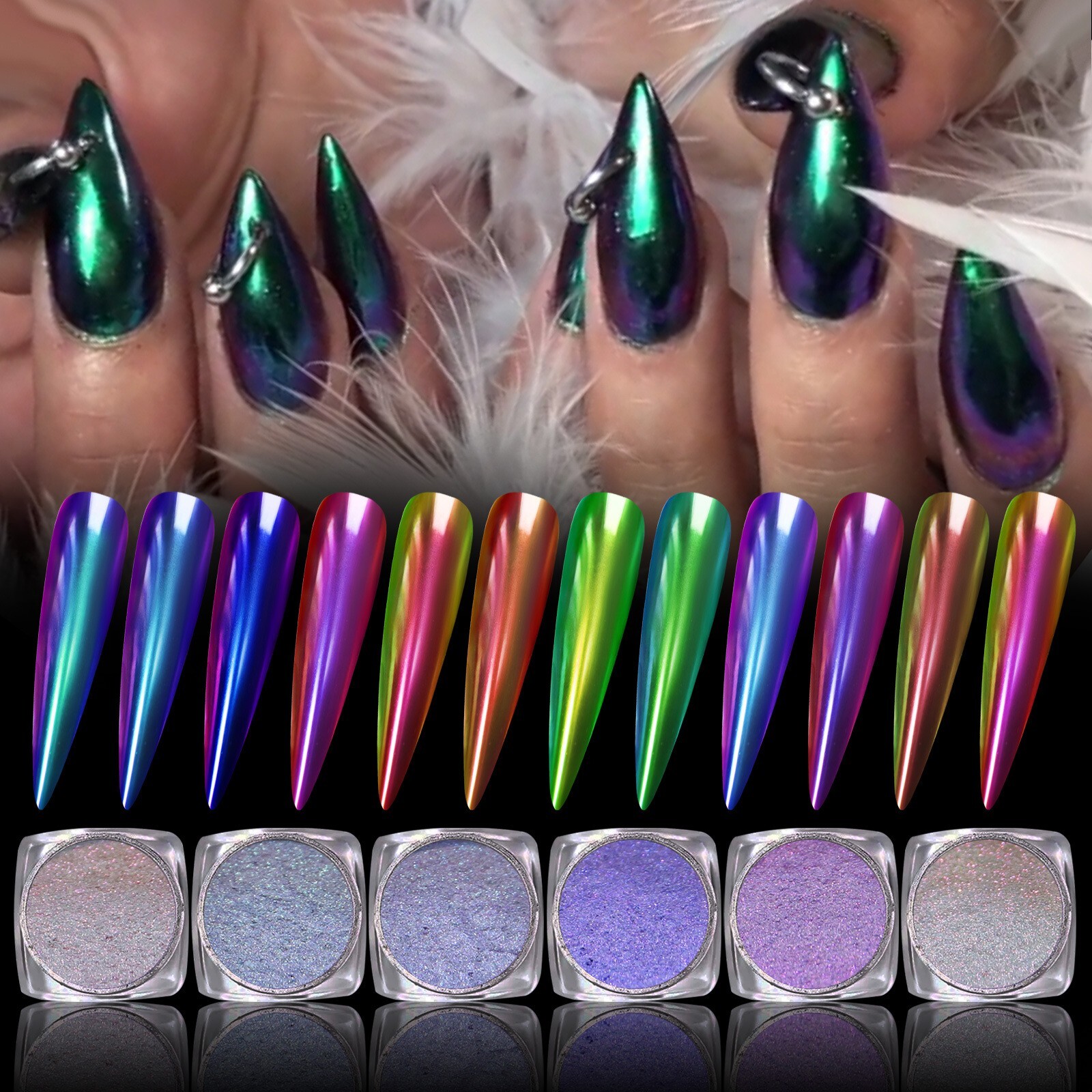12 Jars Magic Mirror Nail Art Powder Chameleon Laser Nail Glitter for False Tips