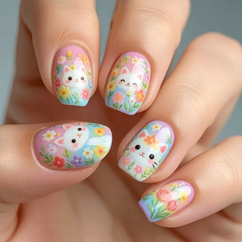 96Pcs Short Square Nails, Cute Cat Unicorn, Flower & Bird Hand Painting