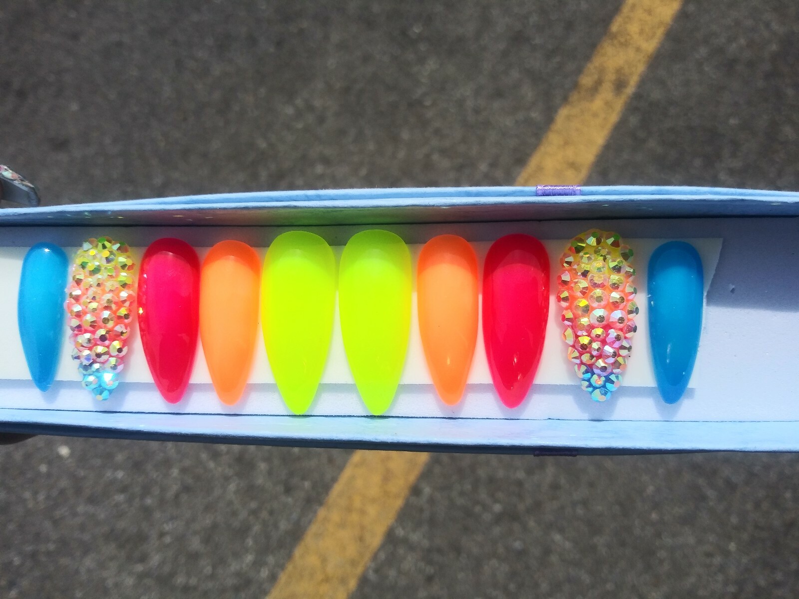 Neon Rainbow ombre bling nails w/ crystals Gel Press On jelly nails full set