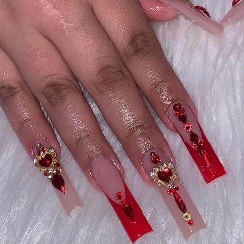SINSEN Long Square Press on Rhinestone Acrylic Glossy Red French long square7