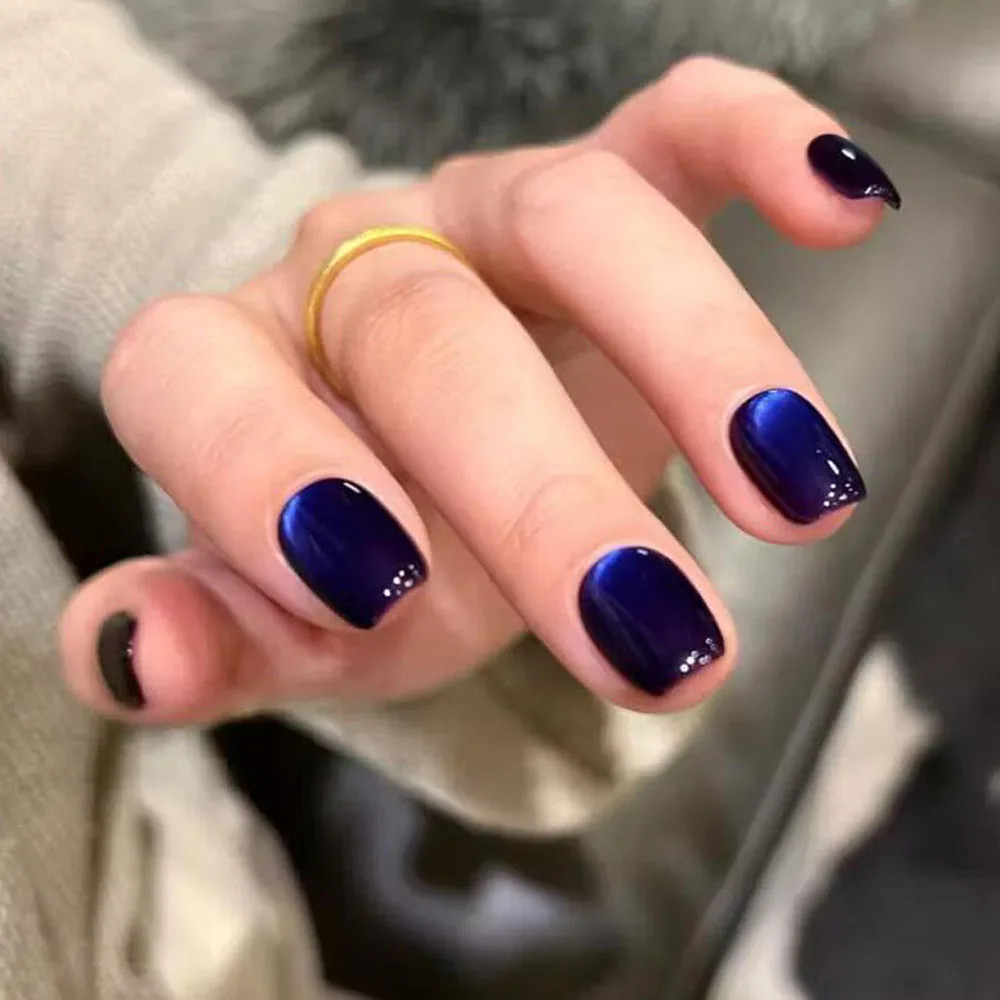 30Pcs Blue Cat eye Wearable Press on Nails Short Square Full Cover False Nails