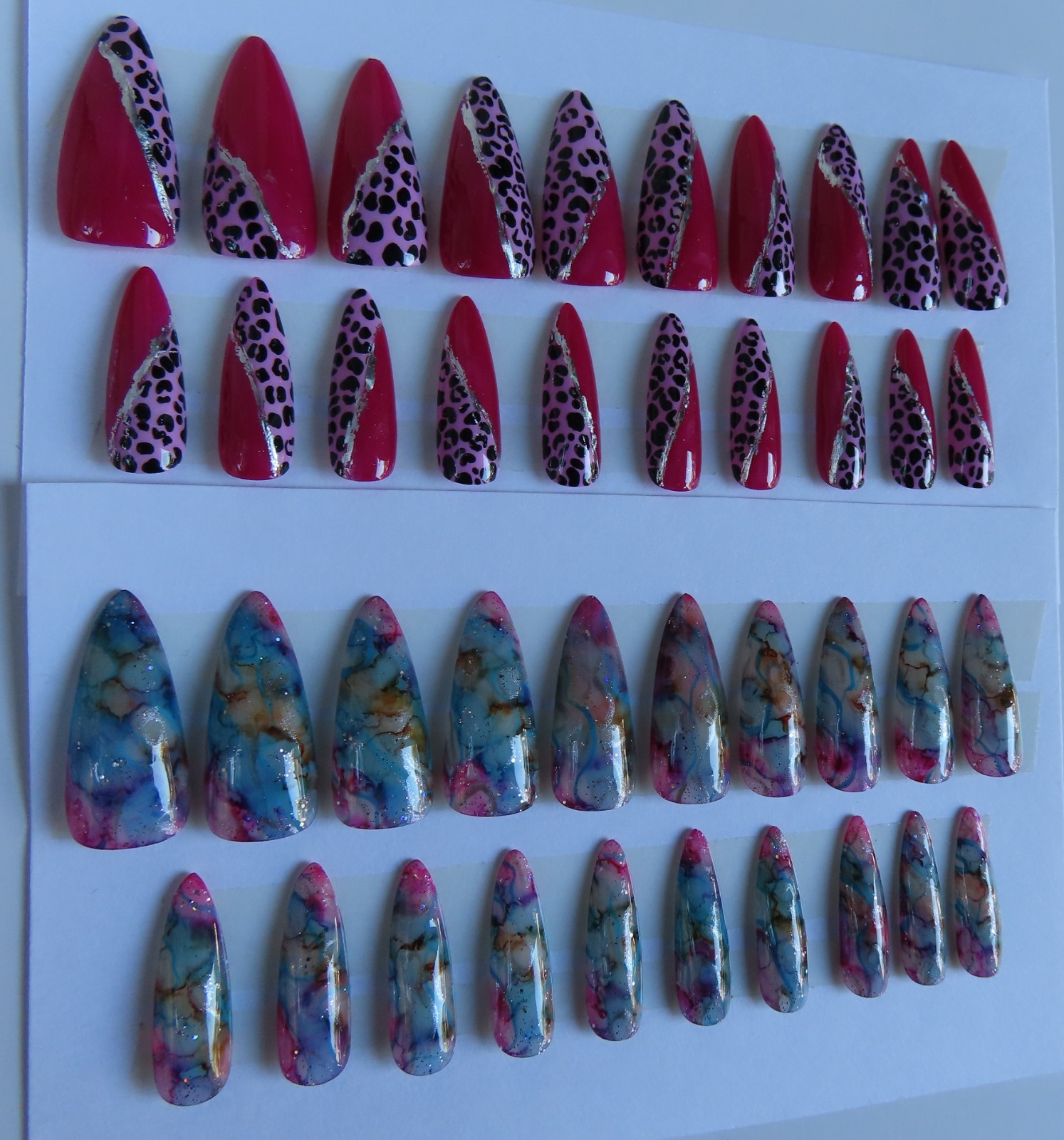 (2) Set Pink Black Silver Leopard | Multi Color Ink Marble Almond Press-On Nails