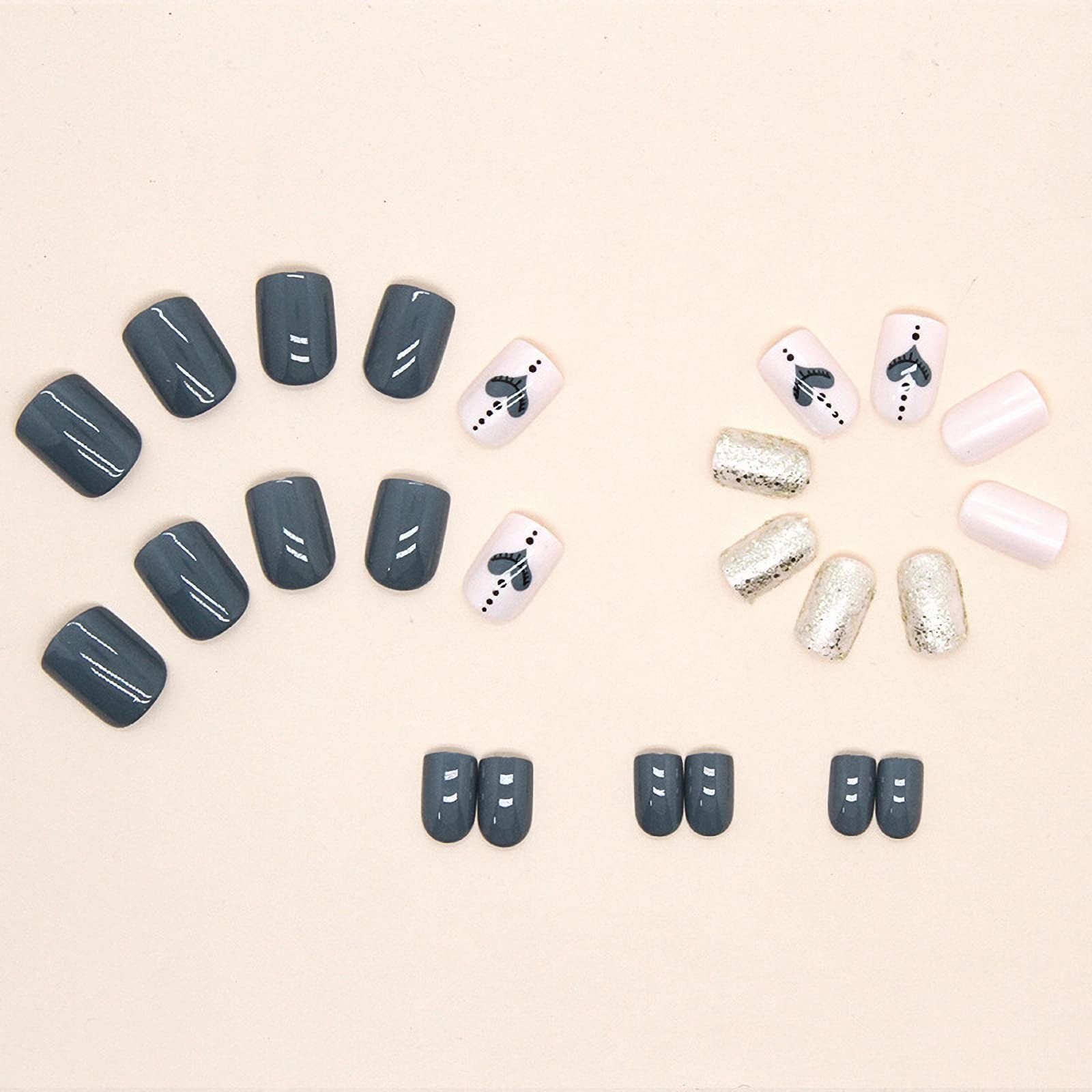Press on Nails – Short Square Fake Nails with Gray Blue, Acrylic Bling Glitte…