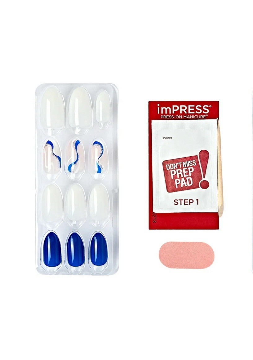 KISS imPRESS No Glue Mani Blue White Swirl