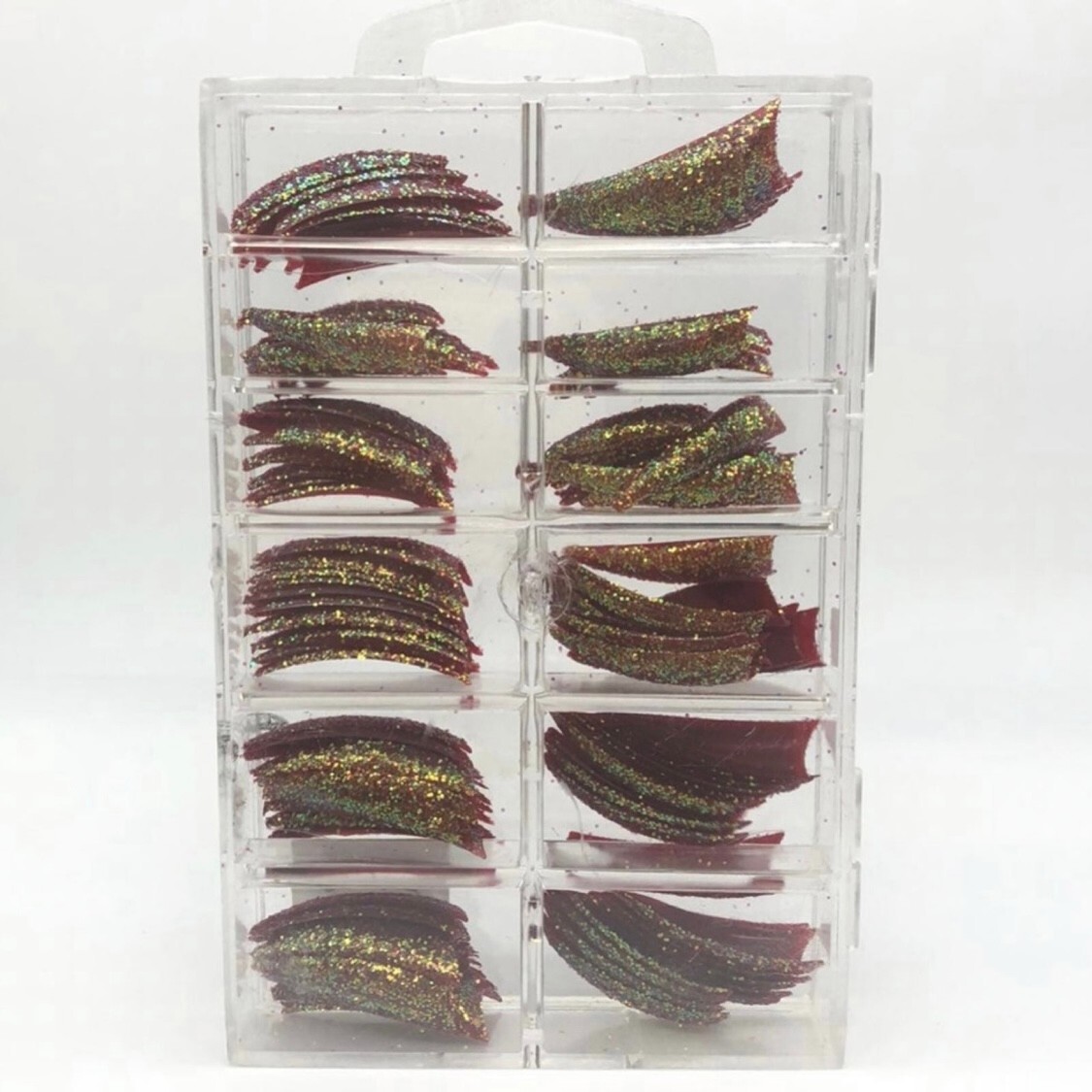 Brand New Tip Jar Fake Nail Tips – Maroon Red Stiletto with Glitter (#52)