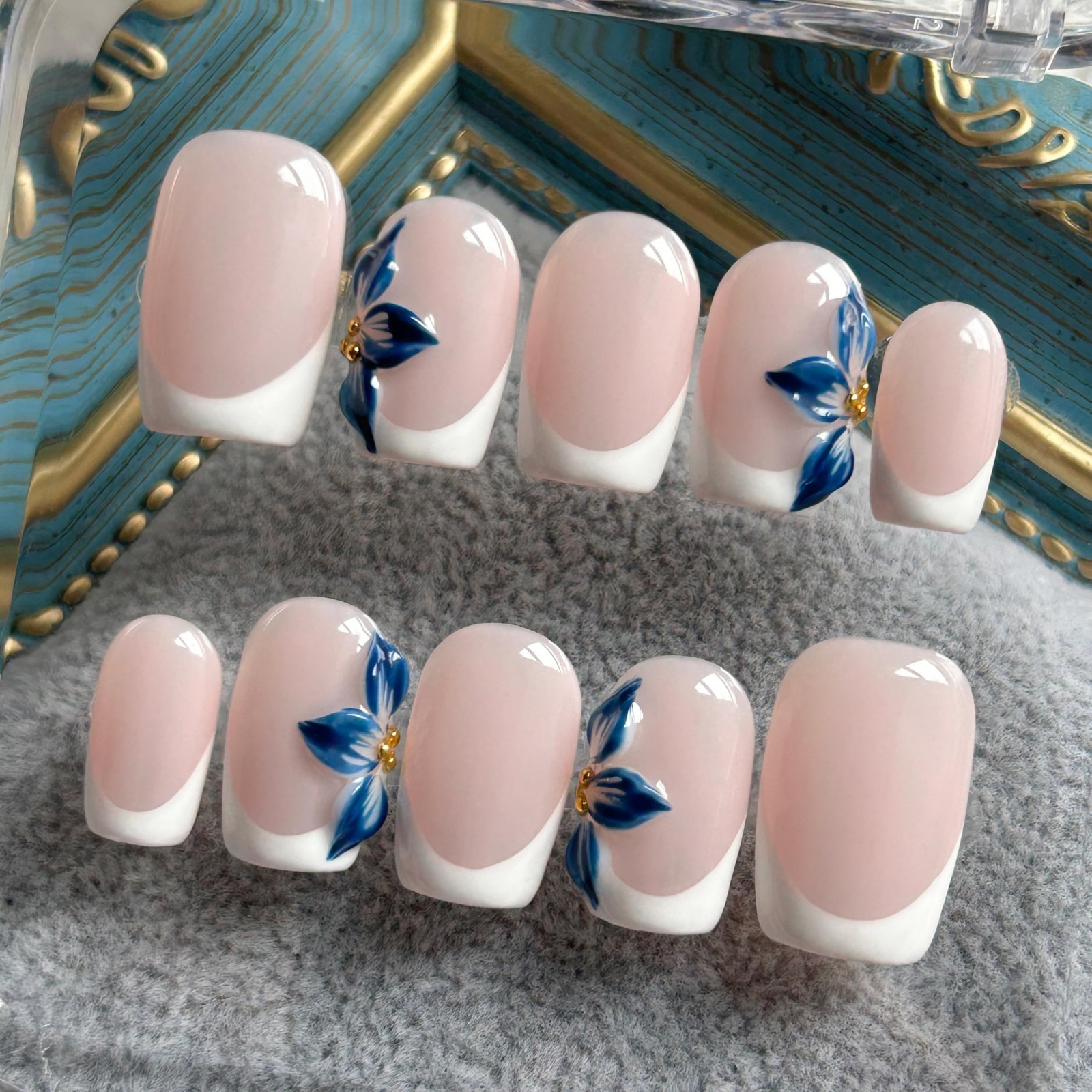 3D Handmade Press On Nails – Short Square French Tip Fake Nails, Blue Flowers, 1