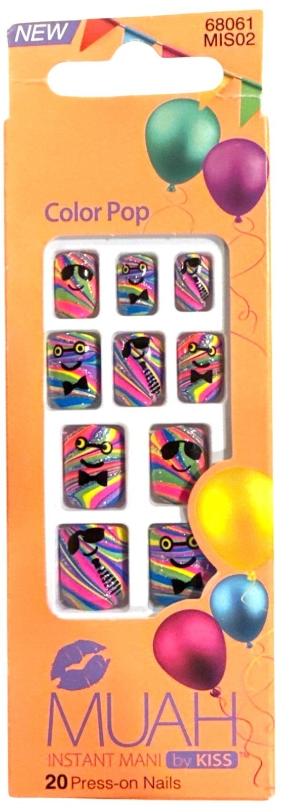 Kiss MUAH Press-On 20 Nails COLOR POP Medium SQUARE Glossy MOSAIC Pink+Blue+