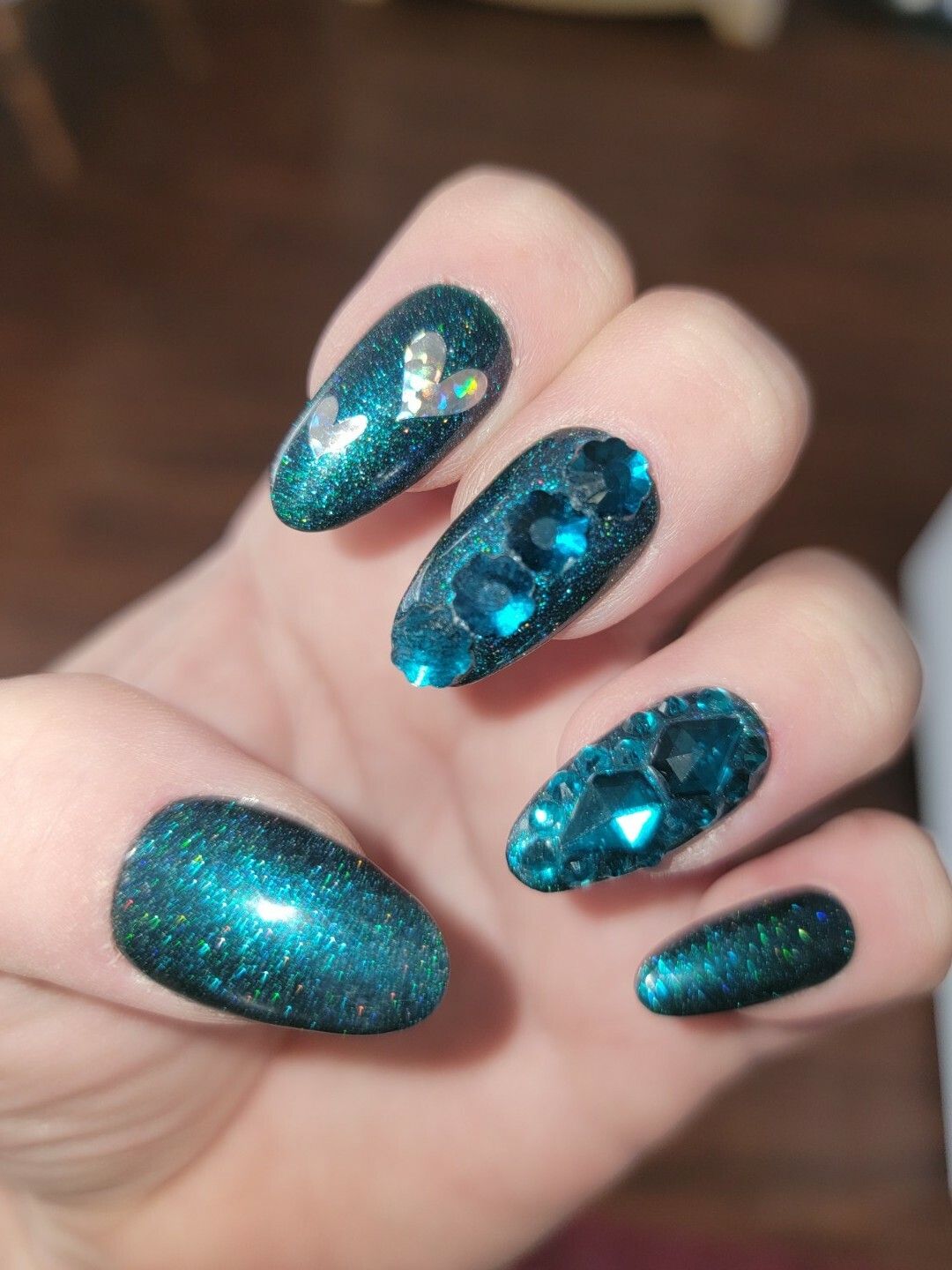 Dark green teal nails bling medium natural oval press on nails apres tips hearts