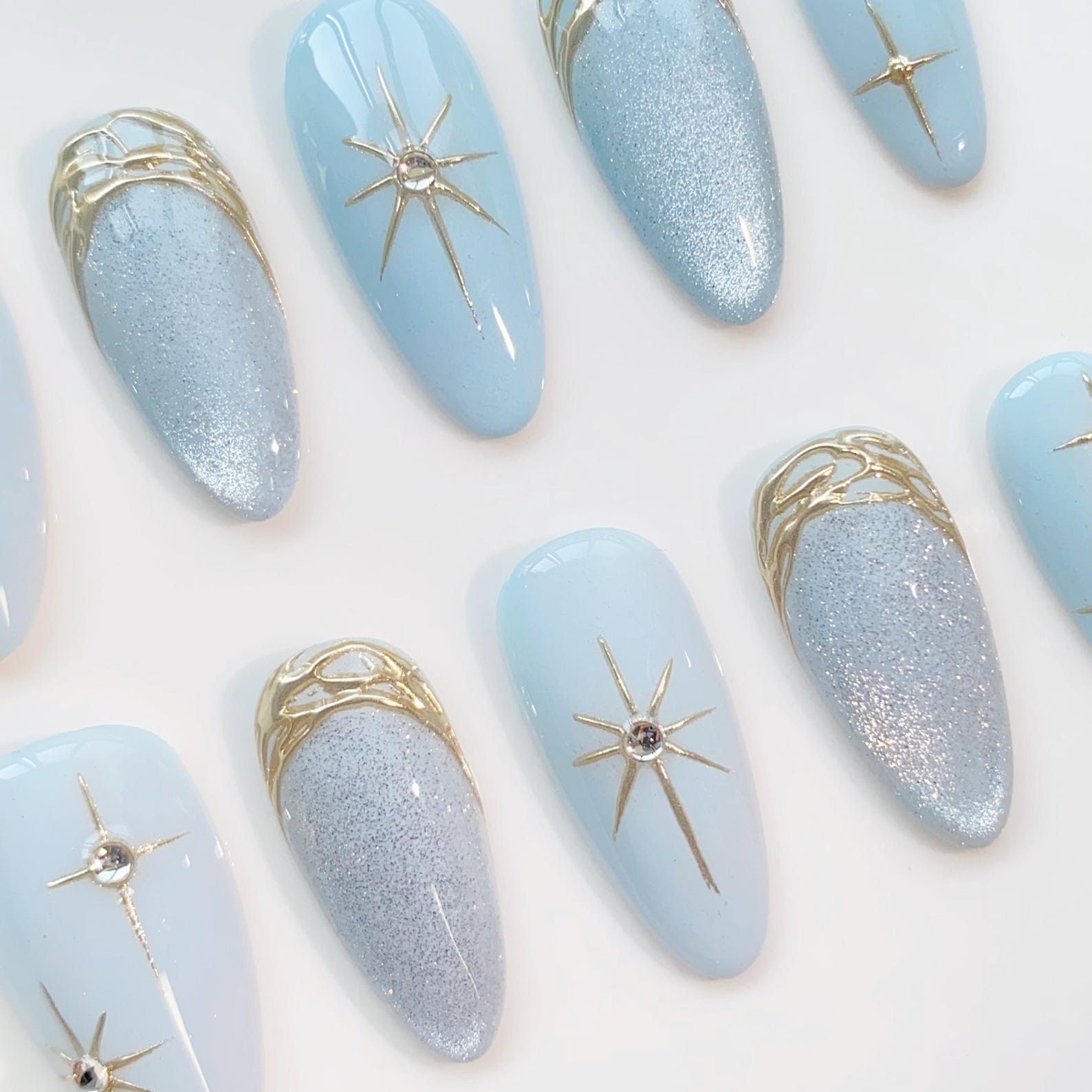 Handmade Light Blue Star Rhinestone Gold Glitter Medium Almond Press on Nails