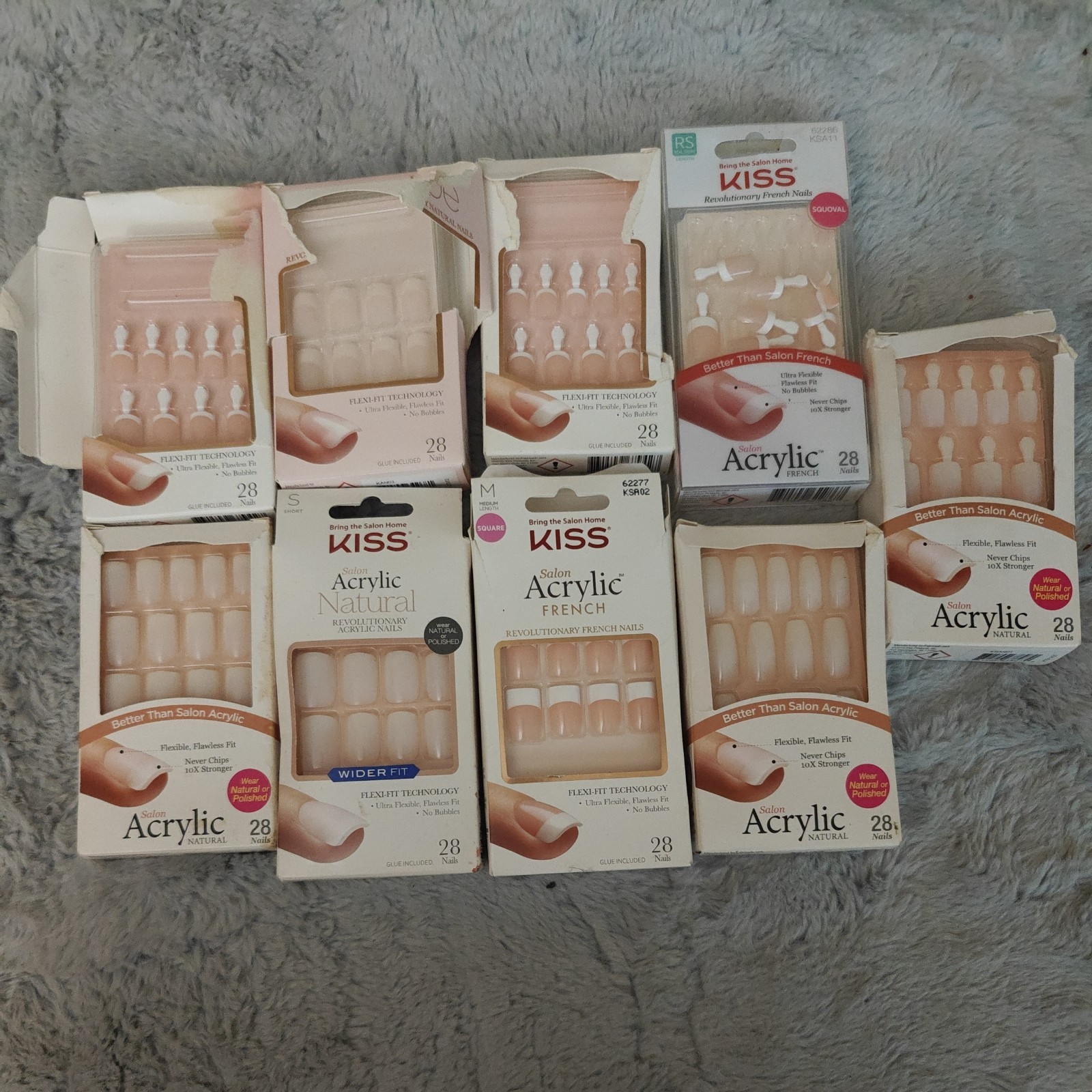 Lot of 9 KISS Salon Acrylic French & Natural Nails Square Medium NEW Box Damage