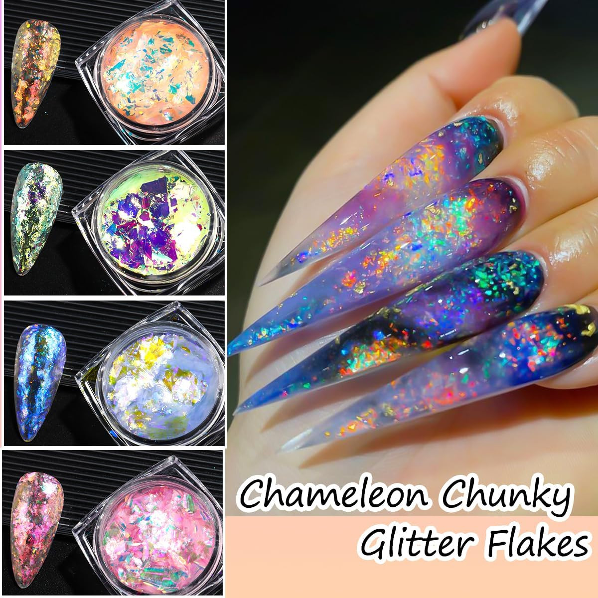 Chameleon Nail Glitter Flakes,6 Colors Ice Transparent Aurora Opal Sequins Chrom