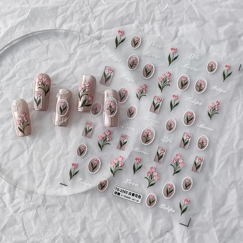Flower Nail Stickers 5D Embossed Nail Art Stickers Decals Self-Adhesive Pink Tul