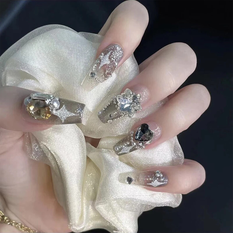 Handmade French 3D Full Of Diamond Bow False Nail Long Coffin Press On Nail Set