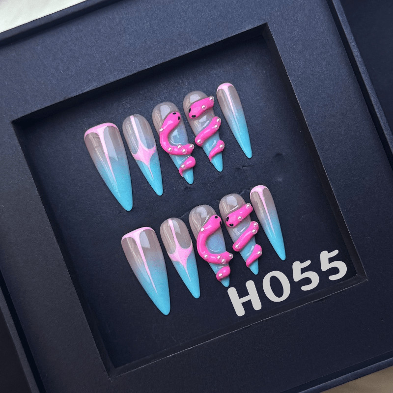 Pink Snake Handmade Press on Nails Blue Ombre Cool Trendy Edgy Fake Nails