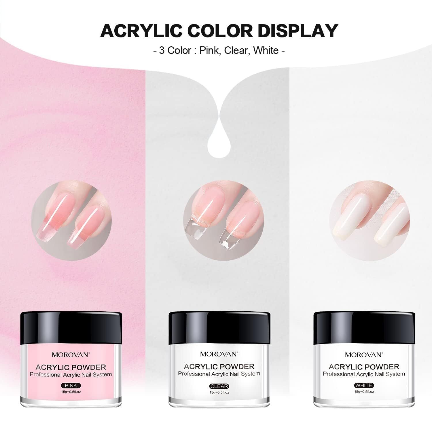 Kit de uñas acrílicas: polvo blanco rosa transparente y esmalte profesional