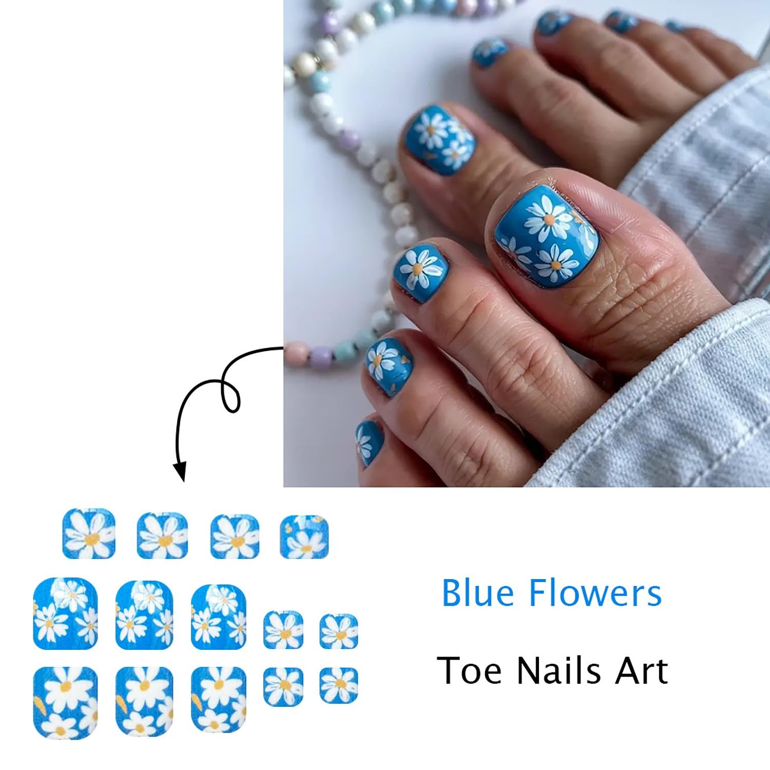 Blue Press on Toenails Short Square Fake Toe Nails Floral False Toenail