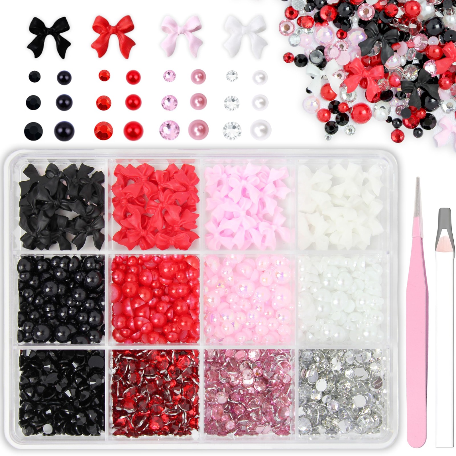 12 Grids Flat Back Rhinestones Colorful Round Glass Gems for Nail Art Black W…