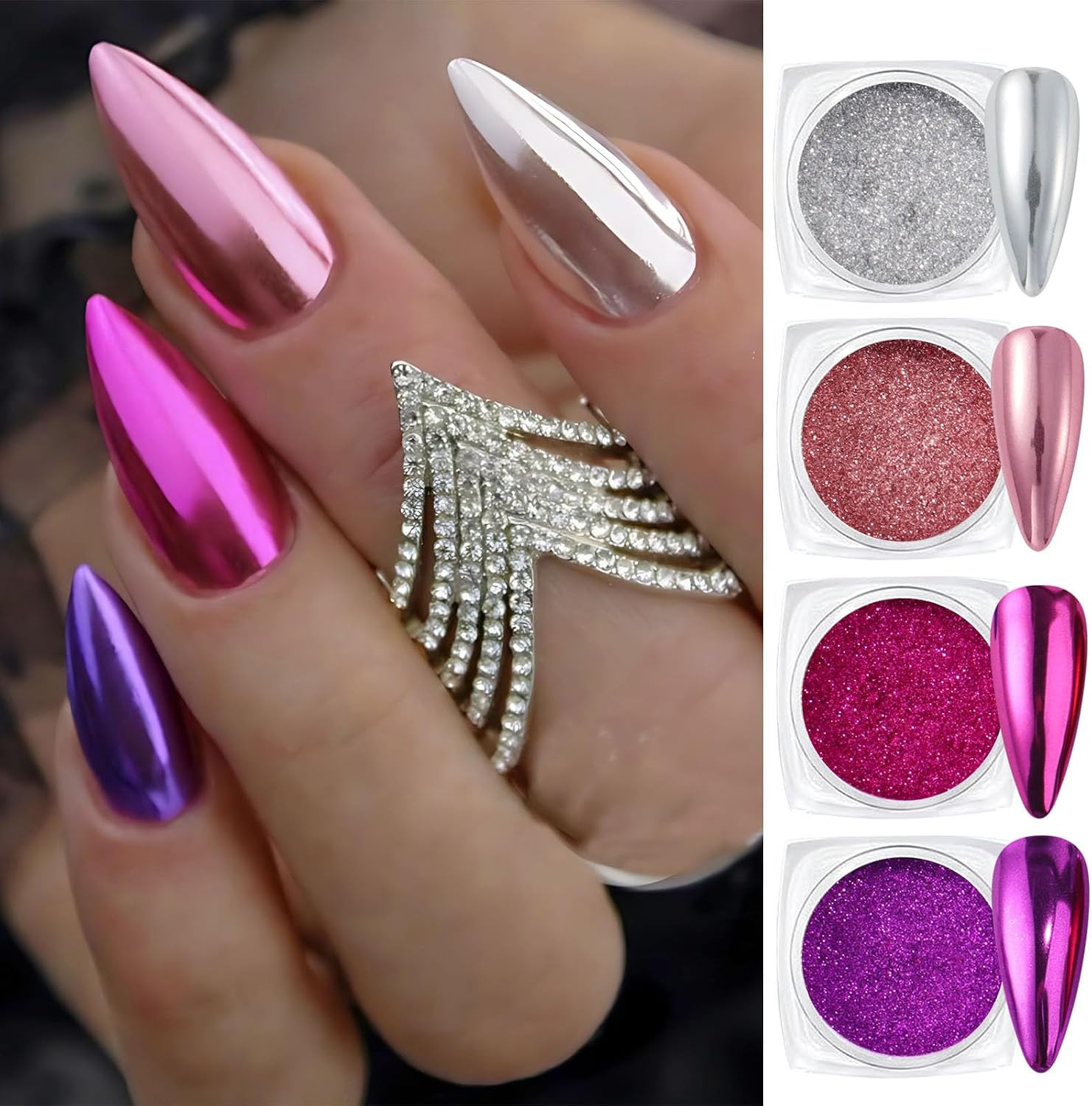 Metallic Chrome Mirror Nail Art Powder Set, Gold Silver Nail Foils Gorgeous Nail