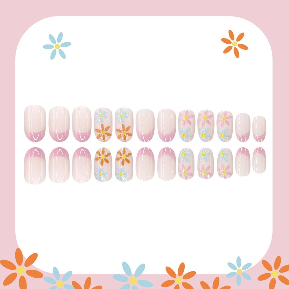 Spring Press On Nails Short Almond Fake Nails Pink French Tip False Nails wit…