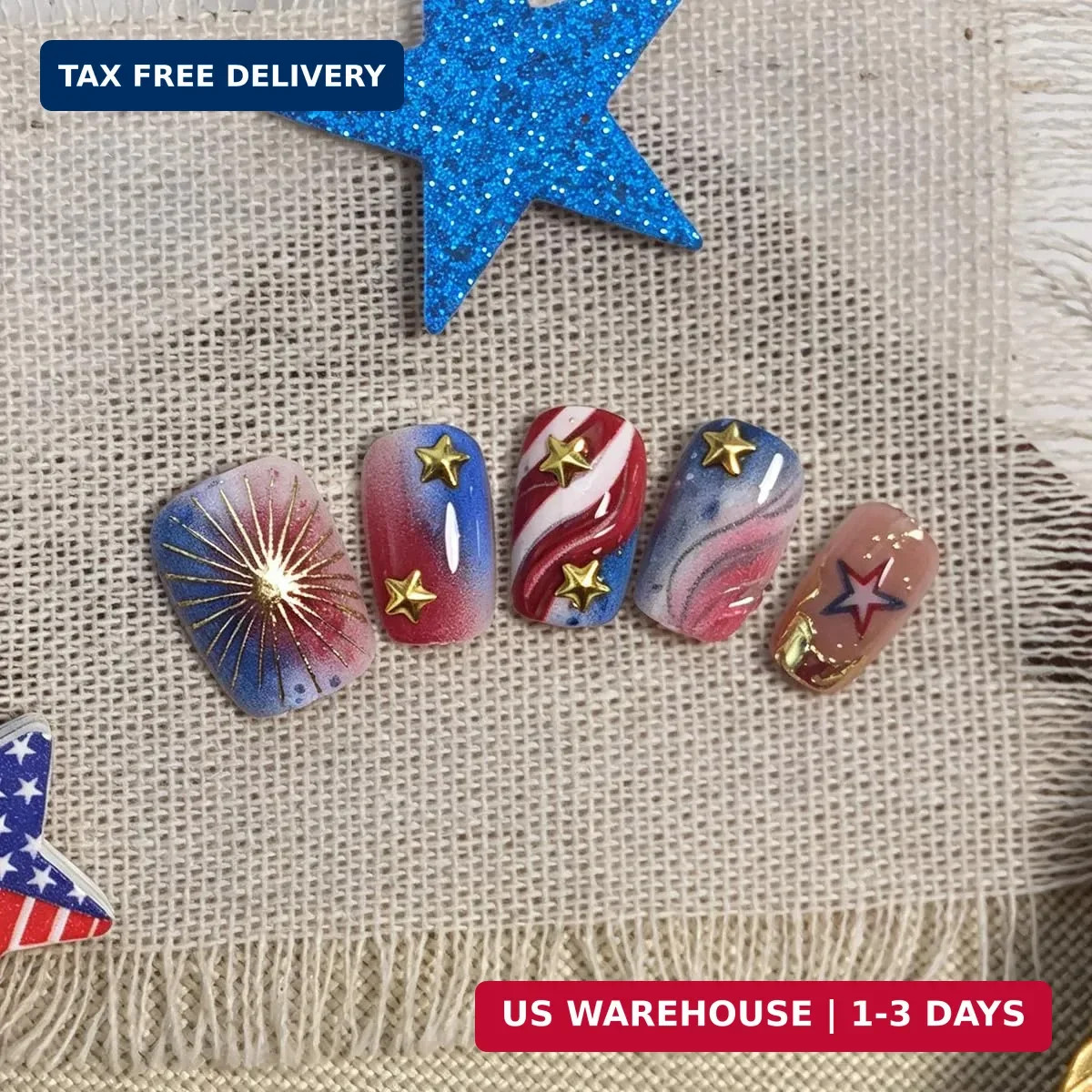 4th of July Press on Nails Medium Square Independence Day Fake Nails 3D Gold Sta