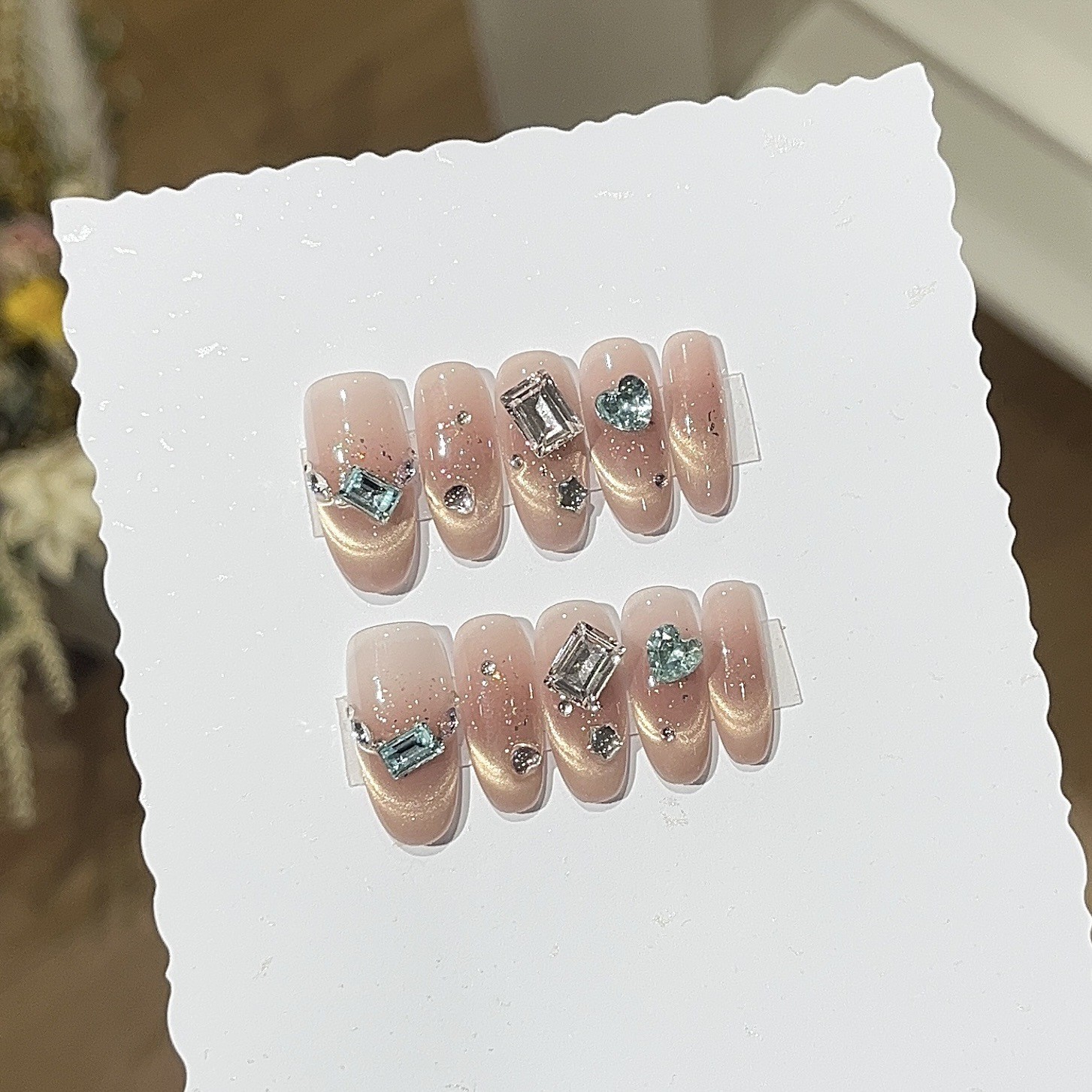 10Pcs Handmade Orange Cat Eye Nails Glitter Rhinestone Youth Daily Style