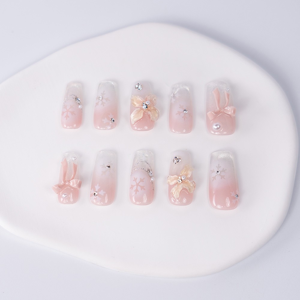 Handmade High Quality Snowflake Press On Nails Pink Bow Pearl Glitter Fake Nails