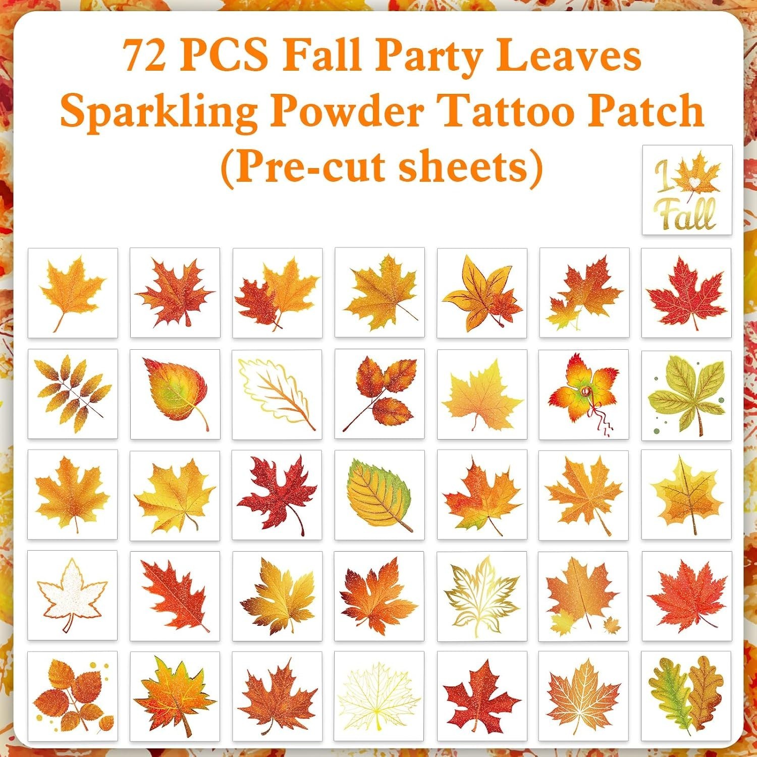 72pcs Glitter Fall Leaves Temporary Tattoos Autumn Harvest Tattoos Stickers f…