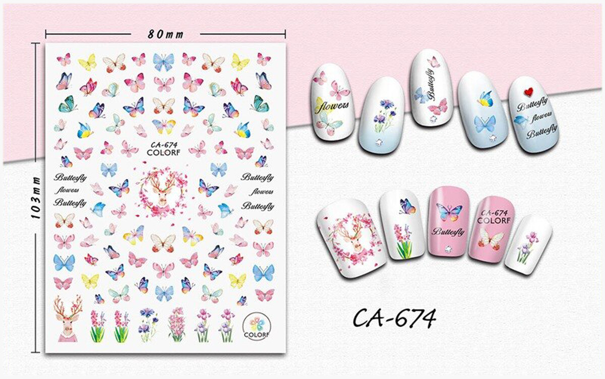 Nail art 3D stickers decal pink blue rainbow butterflies deer pink flowers CA674