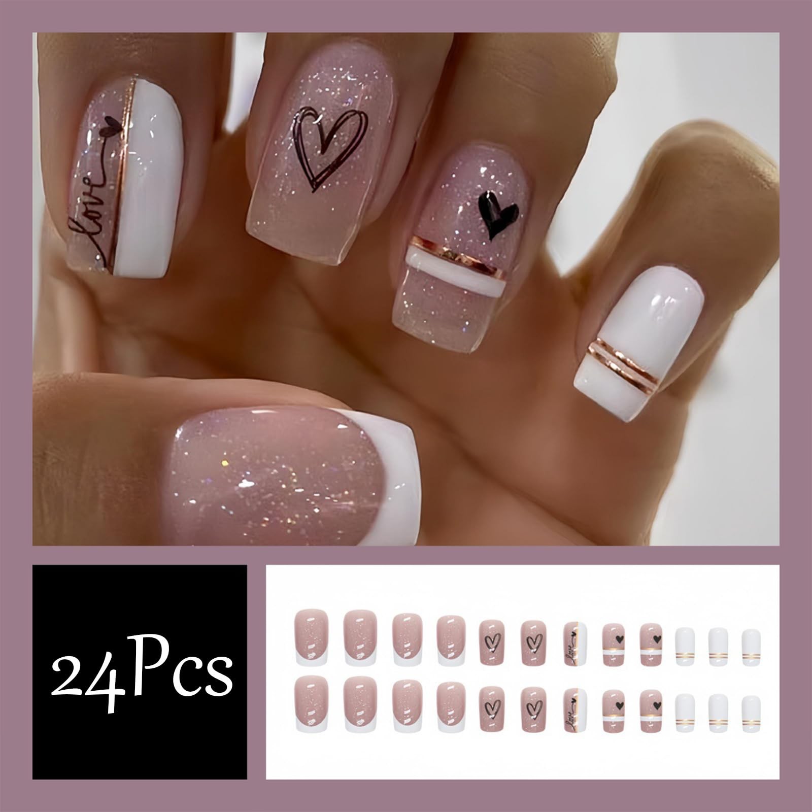 Heart Press on Nails Medium Square Fake Nails Black Heart Glue on Nails Cute …