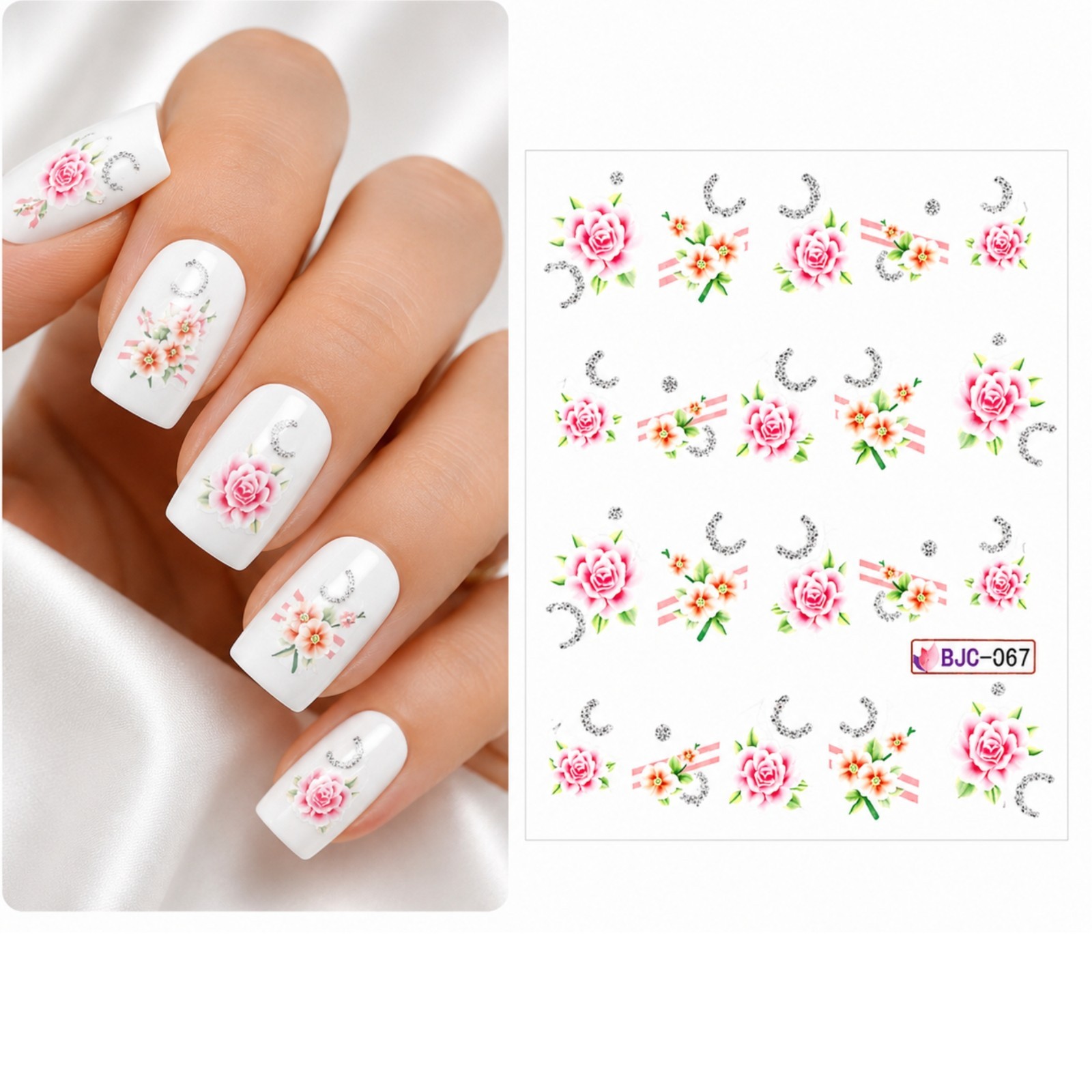 Rose Flower Silver Nail Stickers Blossom Water Decals Elegant Decoration Beauty