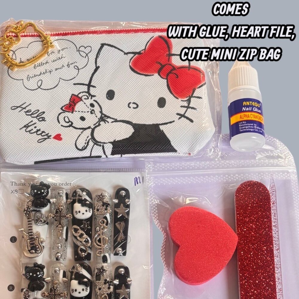 Y2K HANDMADE HELLO KITTY GRUNGE XLONG CHARM FAKE NAILS MEDIUM NEW