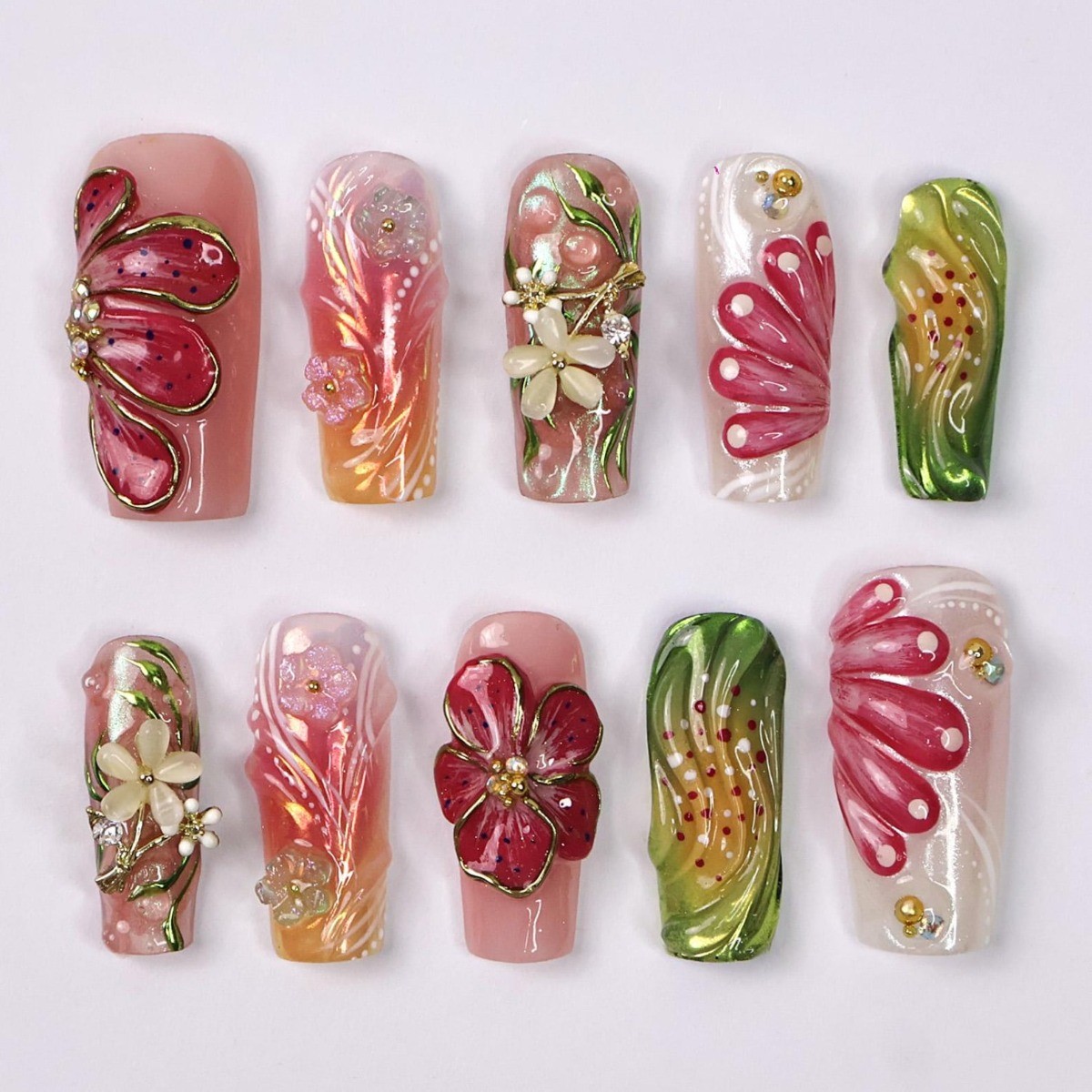 Pink Green Floral Handmade Press on Nails Gold Wire Swirl Rhinestone Fake Nails