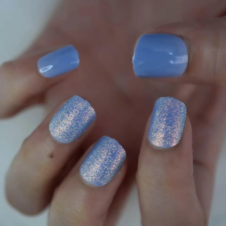 Icy Glitter Press on Nails Holographic with glue short purple blue