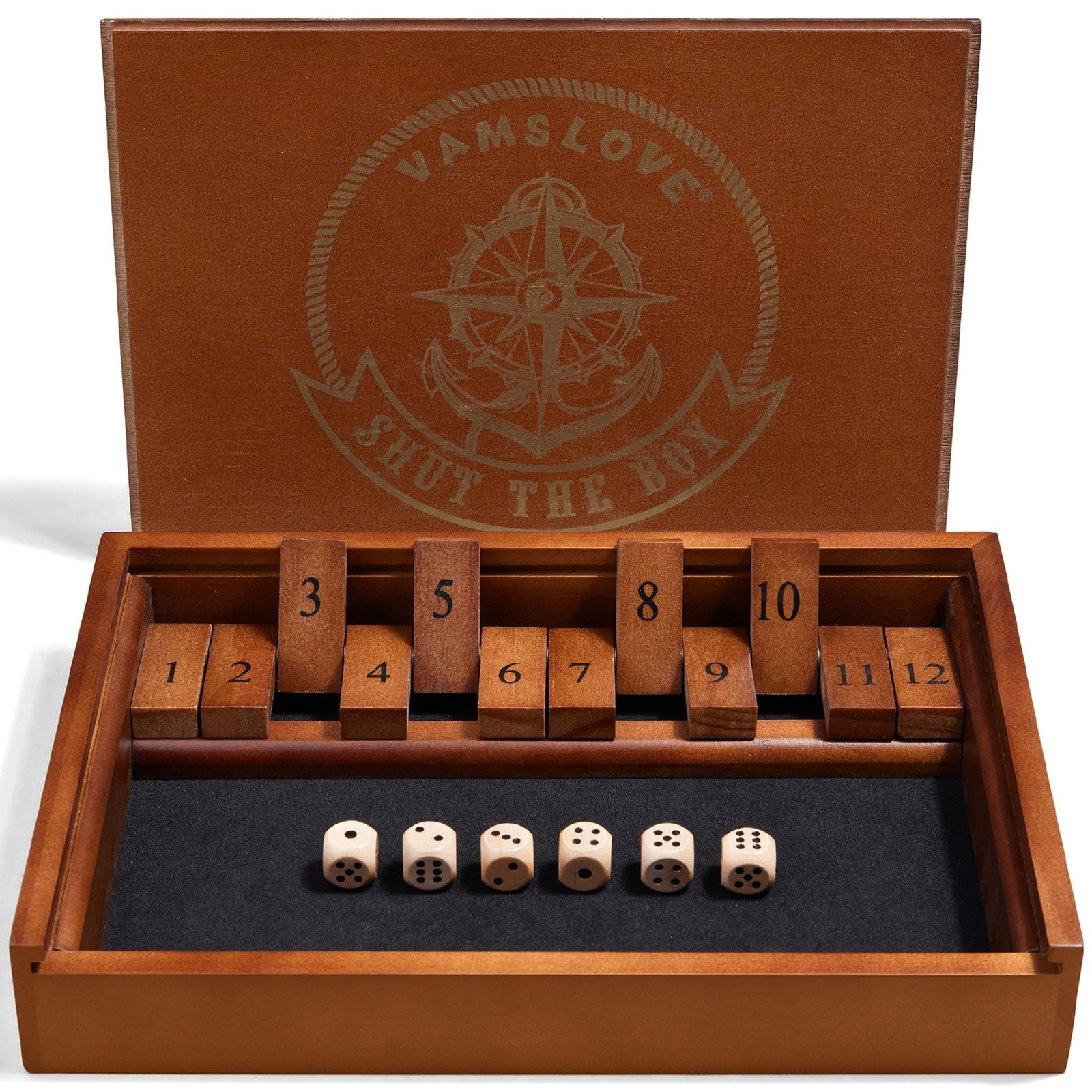 VAMSLOVE Shut The Box Dice Game Wooden Board Table 11.8*8.6*1.9 inches, Brown