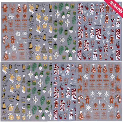 8PCS Christmas Nail Art Stickers Decals 3D Glitter Christmas Christmas style3