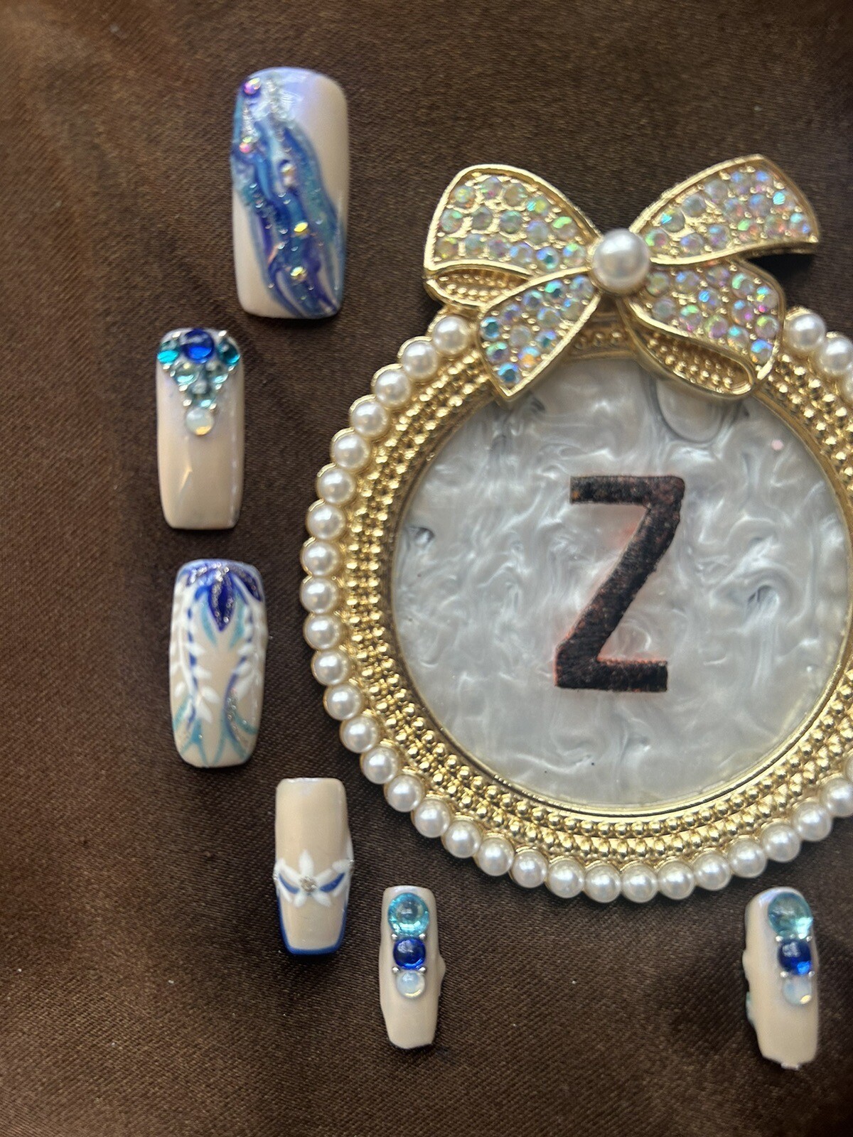 Z NAILZ! Handmade L Square Nude W/shades Of Blue Freestyle Design Press On Nails