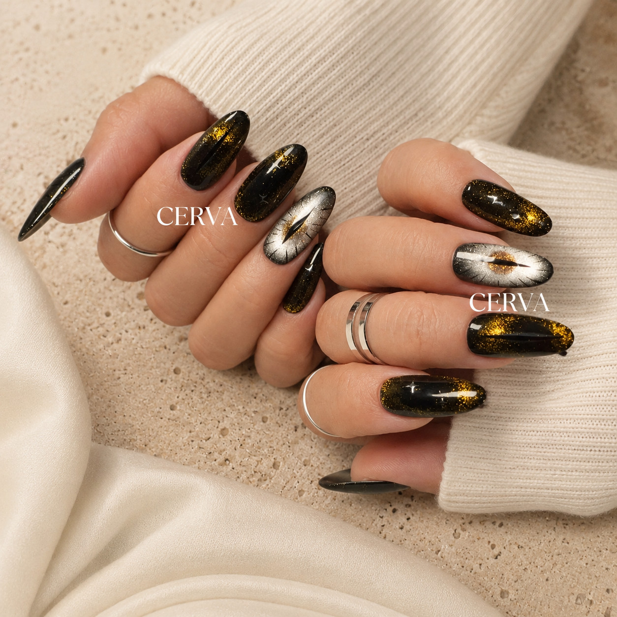 Handmade Cat Eye Dragon Eye Press On Nails Reusable Luxury Black Gold Glossy