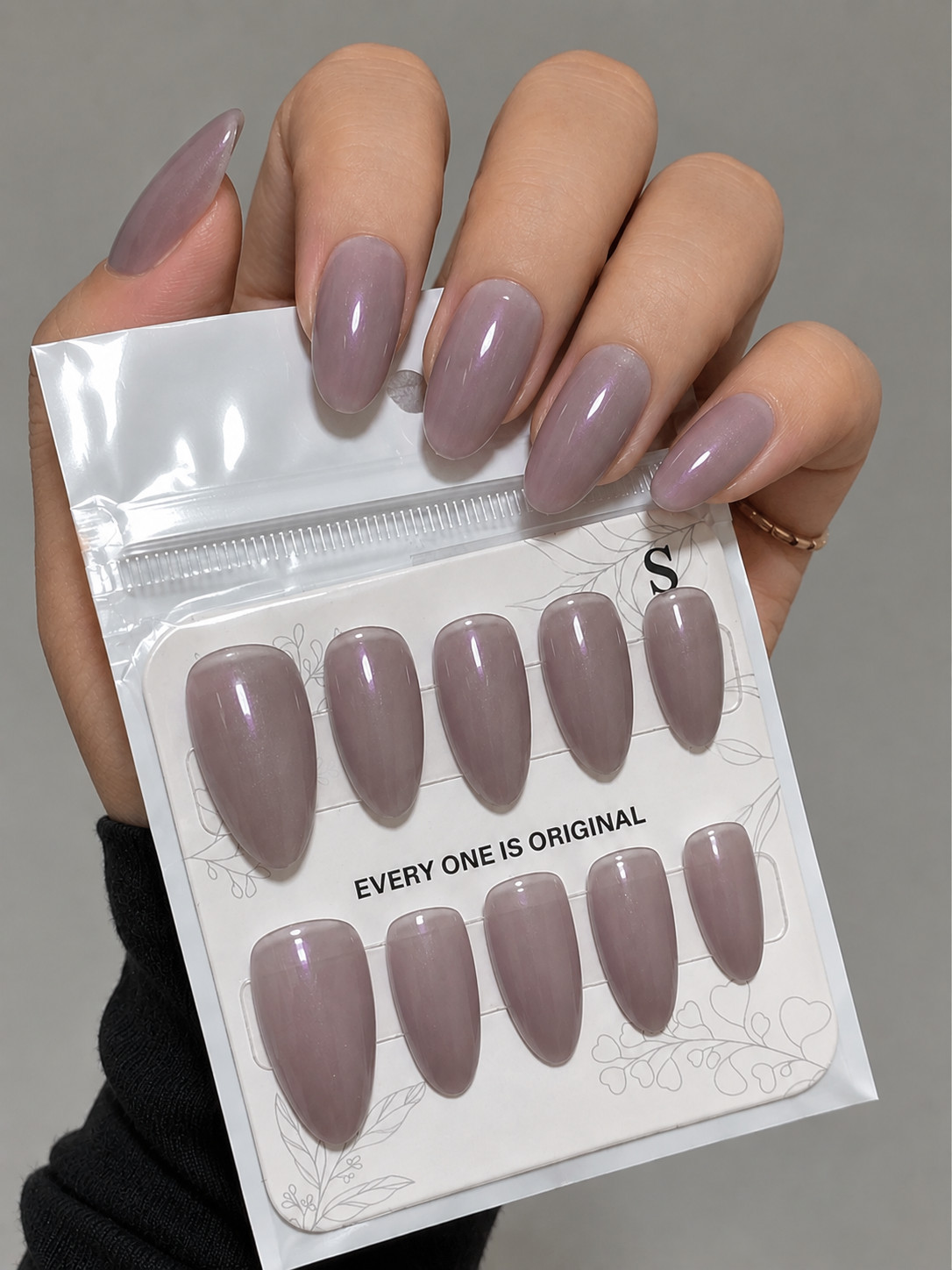 Elegant Dusty Mauve Grey Pearl Glossy Almond Press-On Nails – Small